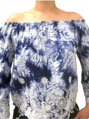 Romeo & Juliet Blue Tie Dye Embroidered Off-Shoulder Blouse Women’s Size L Boho